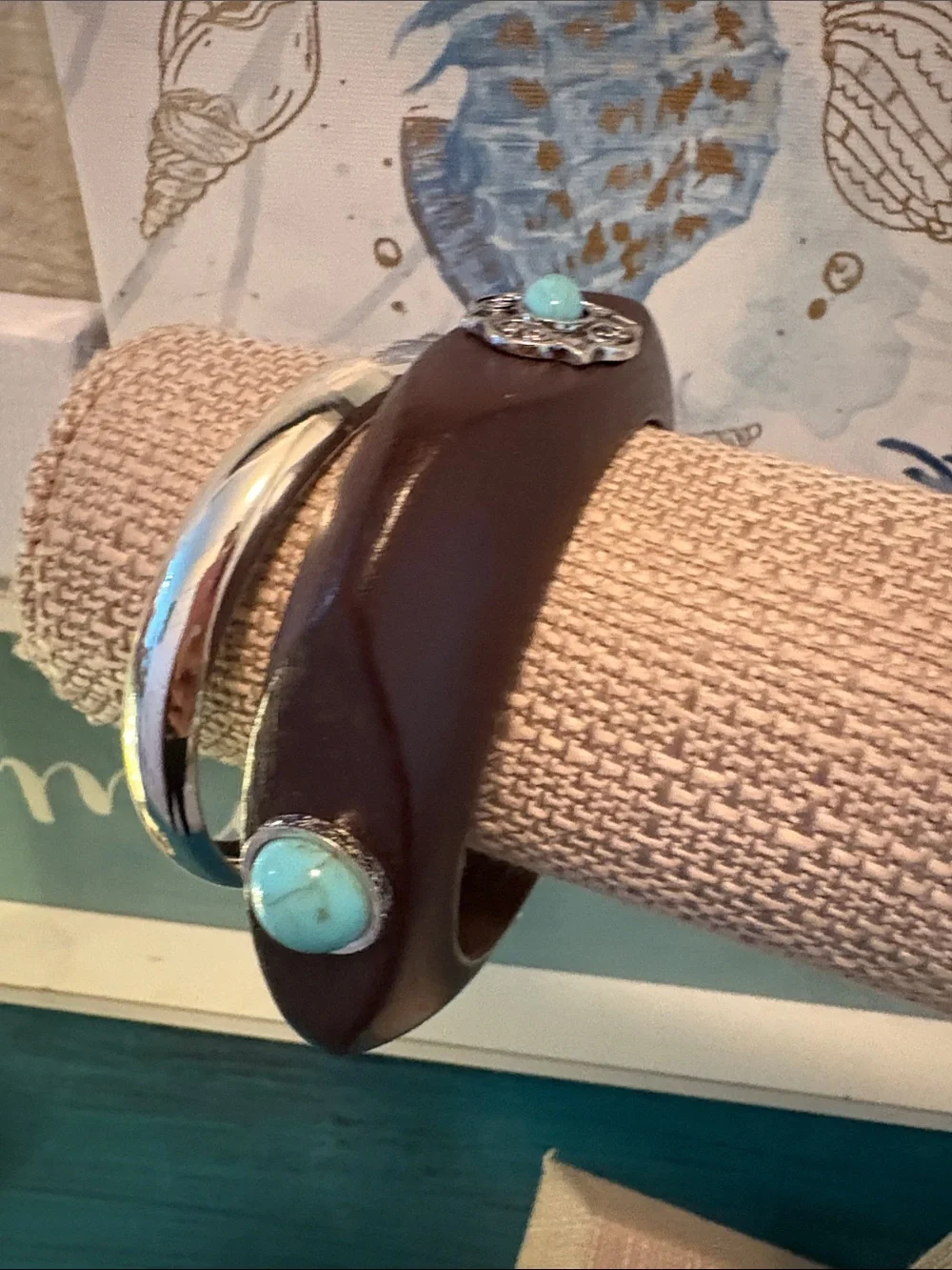 Handcrafted Brown wood Bangle with Turquoise Accents